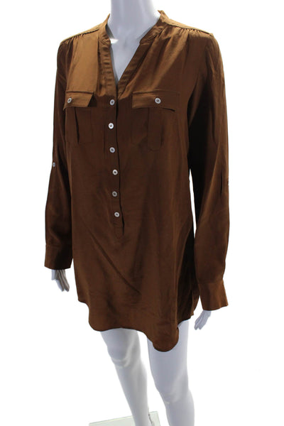 Haute Hippie Womens Silk Long Sleeves Button Down Shirt Dress Brown Size Small