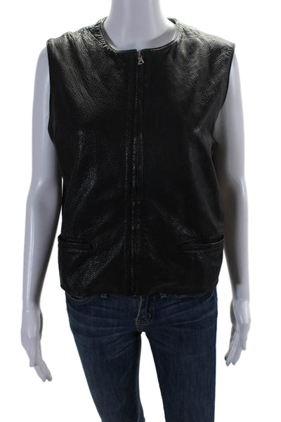 Maxfield Parrish Womens Black Leather Crew Neck Full Zip Vest Jacket Size L