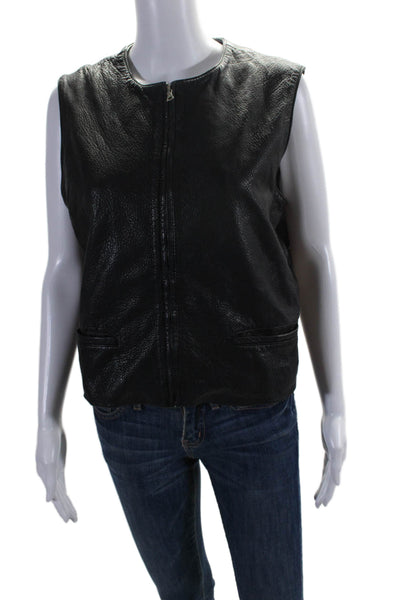 Maxfield Parrish Womens Black Leather Crew Neck Full Zip Vest Jacket Size L