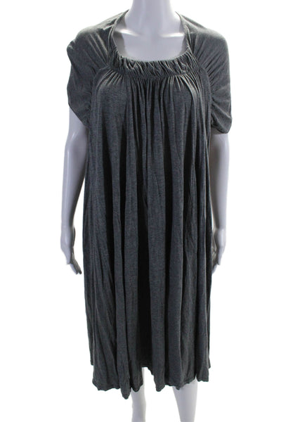 Mizurio-ind Womens Gray Scoop Neck Pleated Short Sleeve Midi A-Line Dress Size L