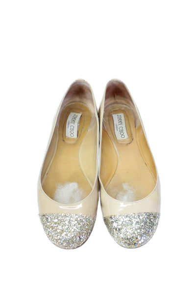 Jimmy Choo Womens Patent Leather Glitter Cap Toe Ballet Flats Beige Size 38 8