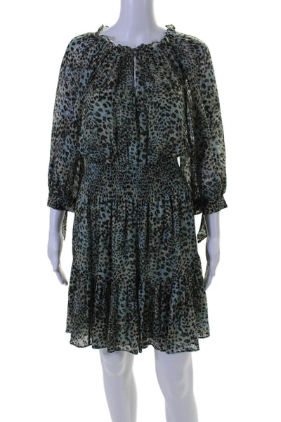 Rebecca Taylor Women's Ruffle Long Sleeve Animal Print Smocked Mini Dress Size S