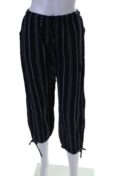 Warm Womens Mid Rise Drawstring Striped Knit Cropped Pants Navy Blue Size XS