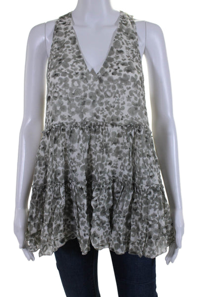 Hatch Womens Sleeveless V Neck Leopard Print Silk Top White Gray Size 1