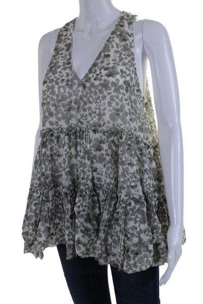 Hatch Womens Sleeveless V Neck Leopard Print Silk Top White Gray Size 1