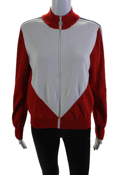 Tory Sport Womens Front Zip Mock Neck Chevron Knit Jacket White Red Size Medium