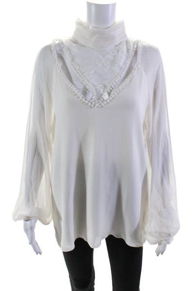 Haute Hippie Womens Long Sleeve Cold Shoulder Lace Silk Top White Size Large