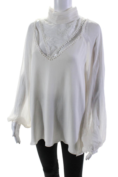 Haute Hippie Womens Long Sleeve Cold Shoulder Lace Silk Top White Size Large