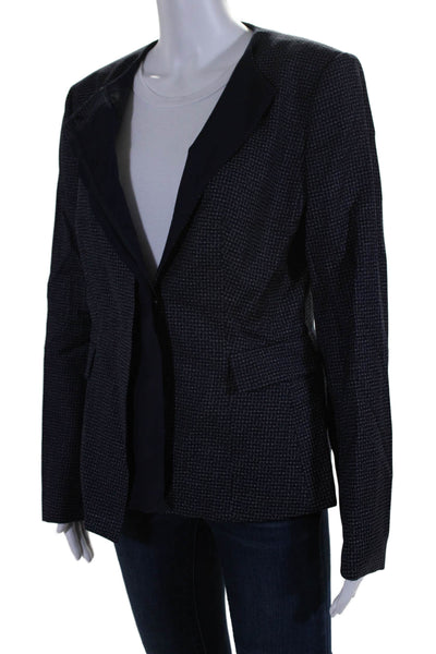 Boss Hugo Boss Womens Button Front Crew Neck Check Jacket Navy Blue Wool Size 10