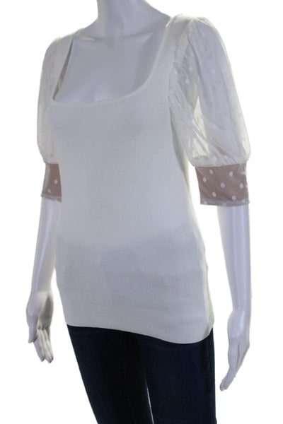 Boston Proper Womens Short Mesh Polka Dot Sleeve Ribbed Top White Size Small