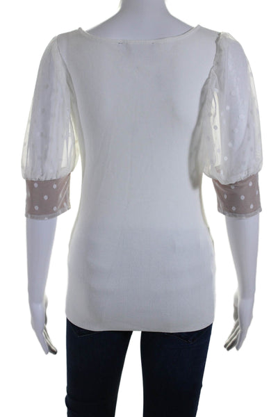 Boston Proper Womens Short Mesh Polka Dot Sleeve Ribbed Top White Size Small