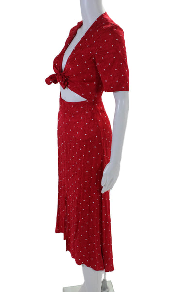 Maje Womens Short Sleeve Polka Dot Tie Front Slit Midi Dress Red Size 34