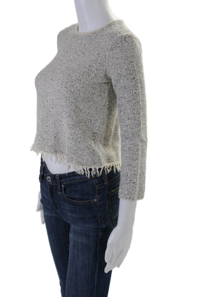 Theory Womens Wool Fringe Trim Long Sleeve Tweed Blouse Gray Size P