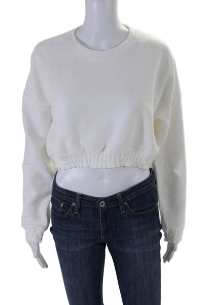 ONIA Womens Cotton Terry Long Sleeve Crewneck Cropped Top White Size S