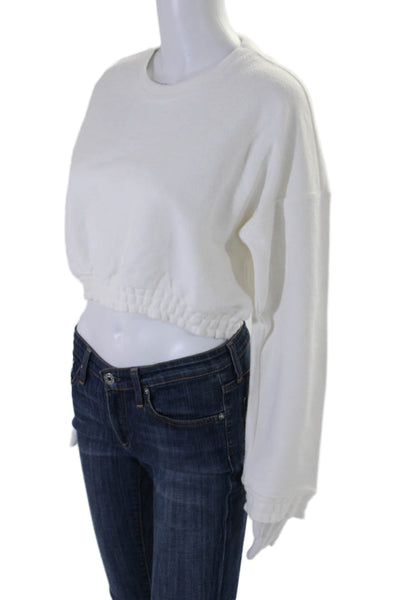 ONIA Womens Cotton Terry Long Sleeve Crewneck Cropped Top White Size S