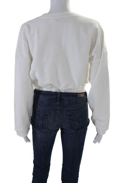 ONIA Womens Cotton Terry Long Sleeve Crewneck Cropped Top White Size S