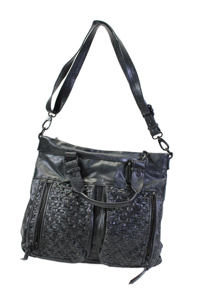 Elliot Lucca Woven Leather Three Pocket Large Messina Shoulder Handbag Black