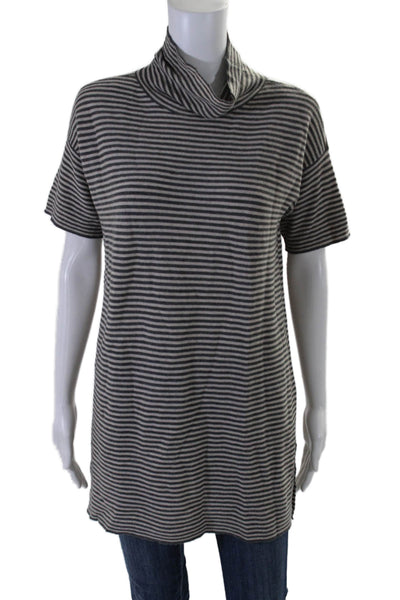 Eileen Fisher Womens Short Sleeve Mock Neck Striped Shirt Gray Wool Size XS