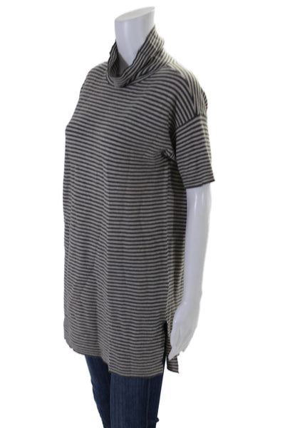 Eileen Fisher Womens Short Sleeve Mock Neck Striped Shirt Gray Wool Size XS