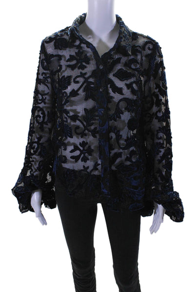 Farrow Womens Black Navy Suede Printed Puff Long Sleeve Button Down Shirt Size L