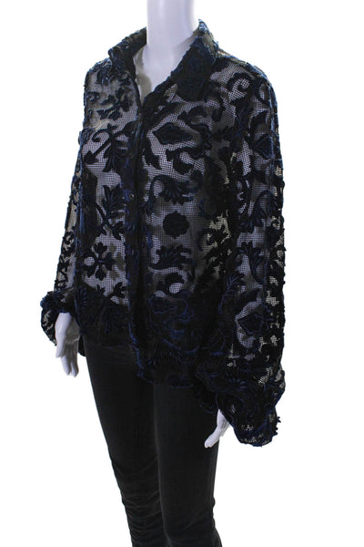 Farrow Womens Black Navy Suede Printed Puff Long Sleeve Button Down Shirt Size L