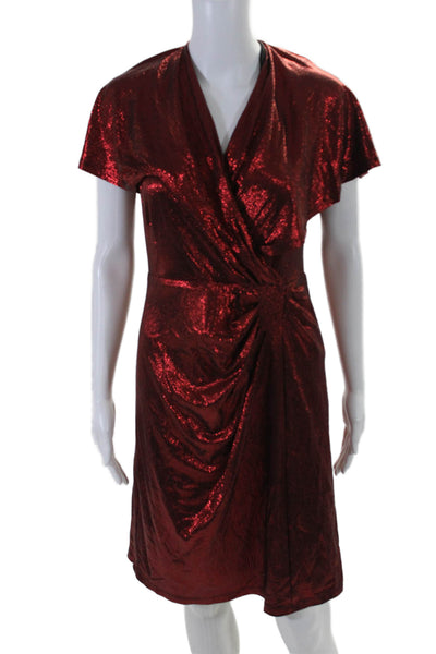 kensie Womens Short Sleeve Deep V Neck Metallic Shift Dress Red Size 6