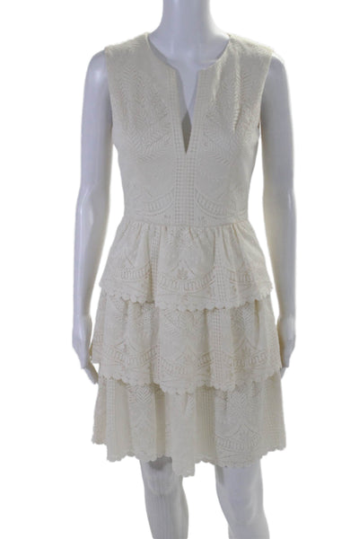 BCBGMAXAZRIA Womens Lace V Neck Sleeveless Tiered Sheath Dress White Size 4