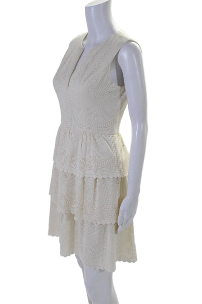 BCBGMAXAZRIA Womens Lace V Neck Sleeveless Tiered Sheath Dress White Size 4