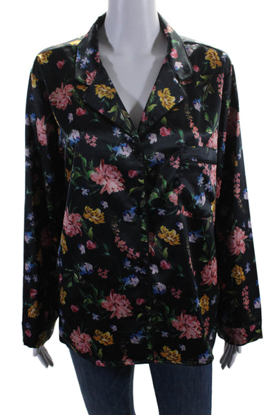 Generation Love Womens Floral Print Collared Buttoned Blouse Black Size L