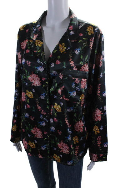 Generation Love Womens Floral Print Collared Buttoned Blouse Black Size L