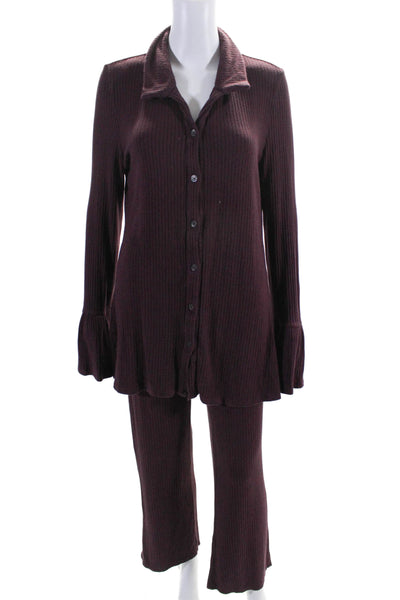 Philanthropy Womens Ribbed Collar Button Bell Sleeve Top Pants Set Purple Size L