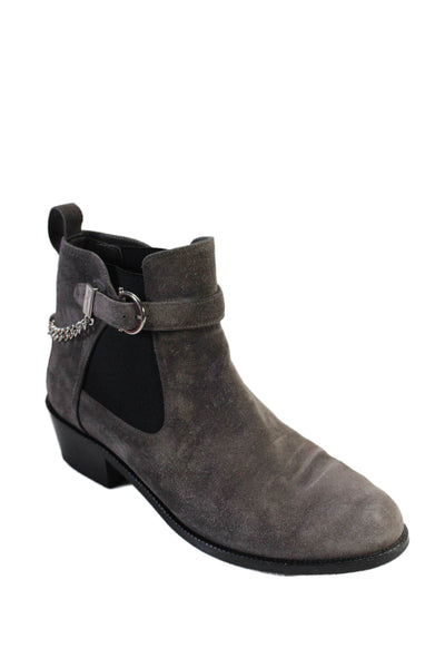 Salvatore Ferragamo Womens Gray Suede Buckle Chain Ankle Boots Shoes Size 9.5C