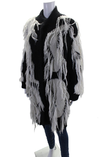 Salvatore Ferragamo Womens Black White Fringe Textured Long Sleeve Jacket Size M