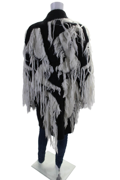 Salvatore Ferragamo Womens Black White Fringe Textured Long Sleeve Jacket Size M