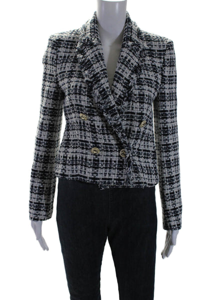 Zara Womens Tweed Plaid Double Breasted Long Sleeve Blazer Blue White Size XS