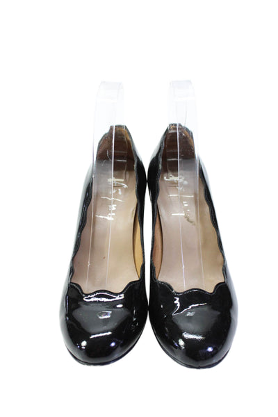 FS/NY Womens Patent Leather Scalloped Trim Mid Block Heel Pumps Black Size 6US