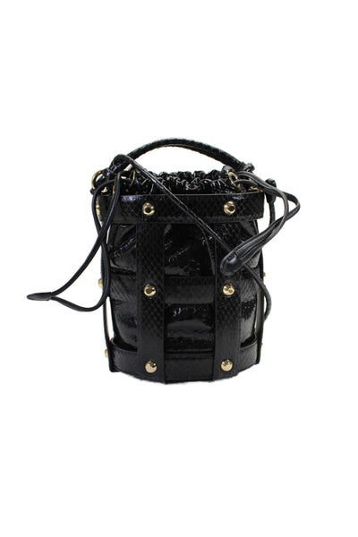 Salvatore Ferragamo Womens Leather Cage Drawstring Studded Bucket Handbag Black