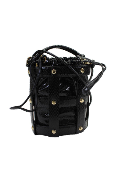 Salvatore Ferragamo Womens Leather Cage Drawstring Studded Bucket Handbag Black