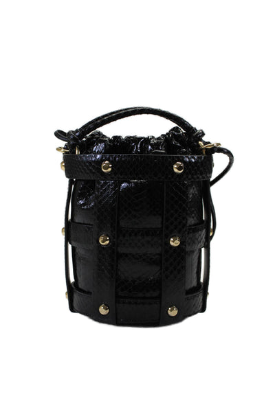 Salvatore Ferragamo Womens Leather Cage Drawstring Studded Bucket Handbag Black