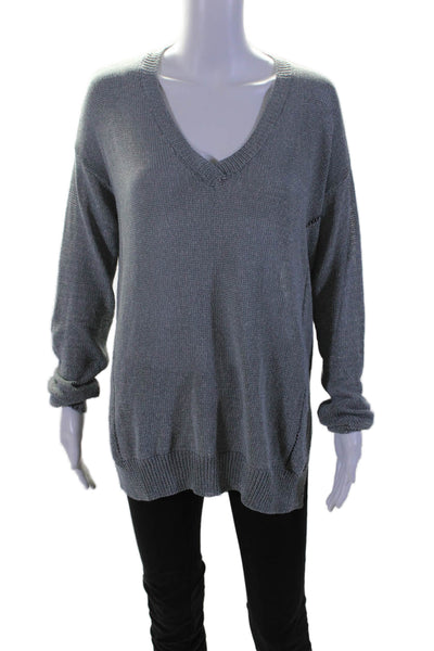 ATM Womens V Neck Relaxed Fit Open Knit Top Gray Size M