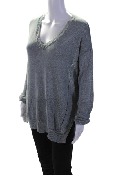 ATM Womens V Neck Relaxed Fit Open Knit Top Gray Size M