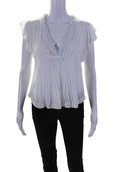 Poupette St. Barth Womens White Pleated Fringe V-Neck Sleeveless Blouse Size XS