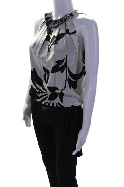 Robert Rodriguez Womens Silk White Black Floral Print Pleated Blouse Top Size 0