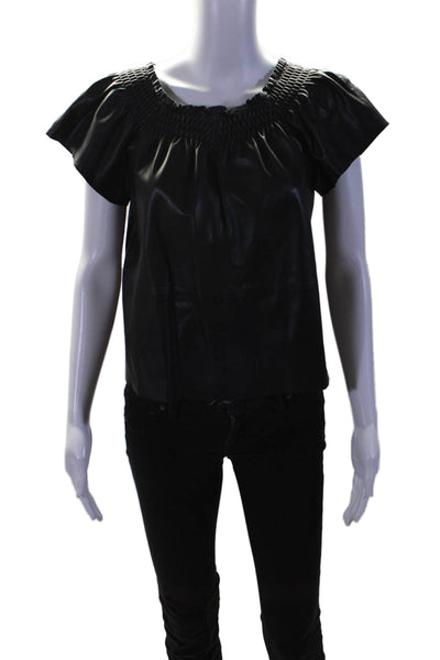 Tanya Taylor Womens Leather Black Scoop Neck Short Sleeve Blouse Top Size 0