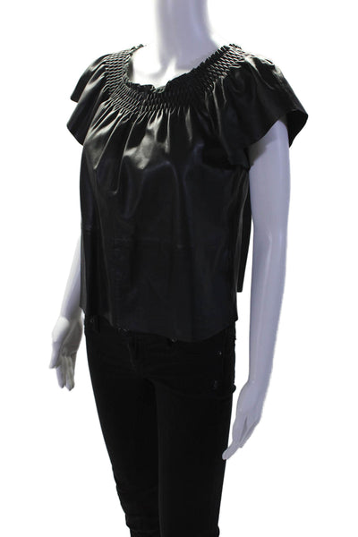 Tanya Taylor Womens Leather Black Scoop Neck Short Sleeve Blouse Top Size 0