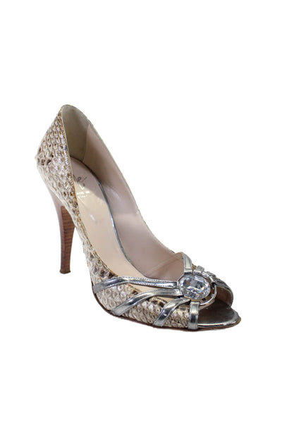 Icone Womens Leather Snakeskin Embossed Peep Toe Stiletto Pumps Beige Size 10US