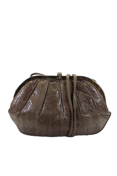 Lisette Leather Snakeskin Embossed Push Lock Clutch Shoulder Handbag Brown