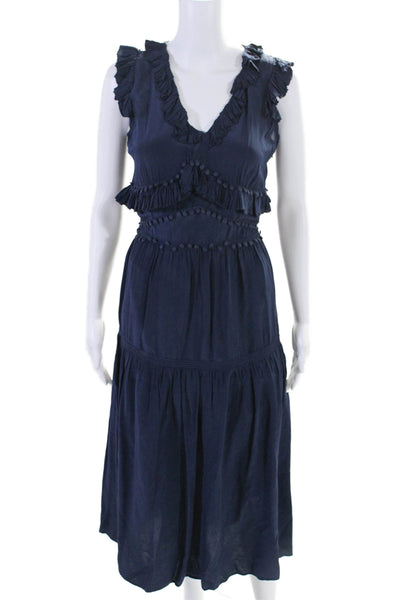 Sea New York Womens Satin Ruffled Trim Sleeveless Long Swing Dress Blue Size 0