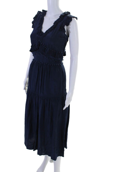 Sea New York Womens Satin Ruffled Trim Sleeveless Long Swing Dress Blue Size 0