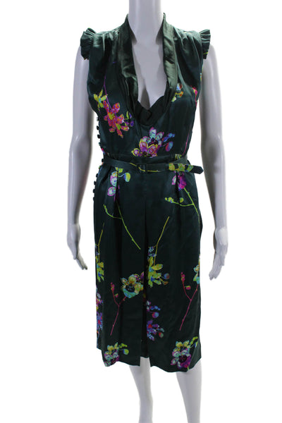 Marc Jacobs Womens Silk Floral Zipped Buttoned Belted Midi Dress Green Size 4